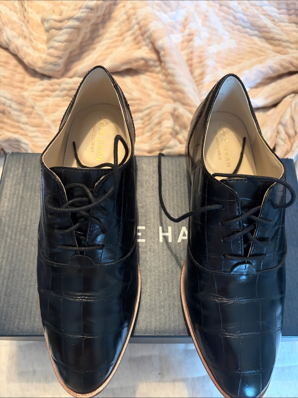 Cole Haan Black Croc-Embossed Leather Derby Oxfords